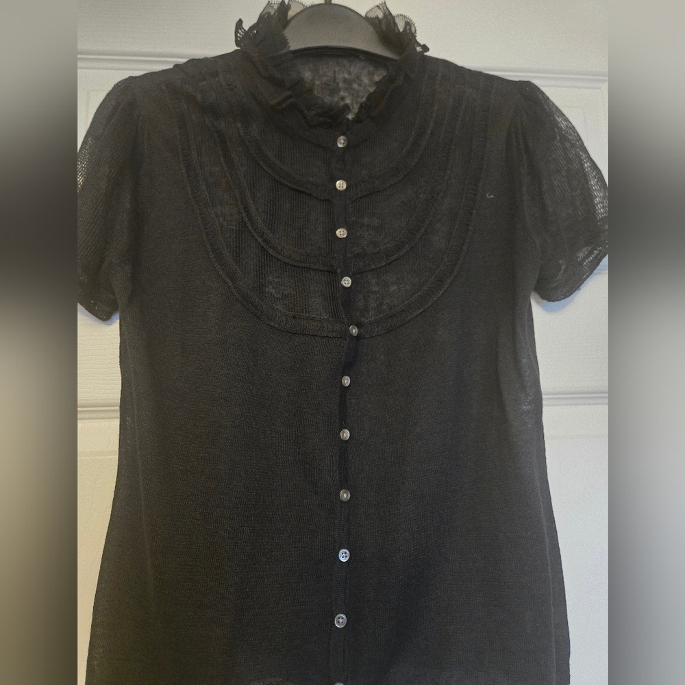 Black Short-Sleeve Button Front Women's Top